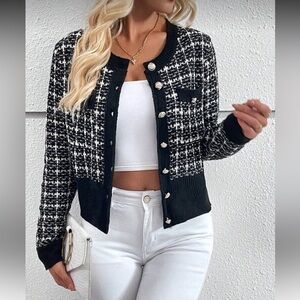 Cardigan pocket Chic Black and White Tweed style soft knit Cardigan